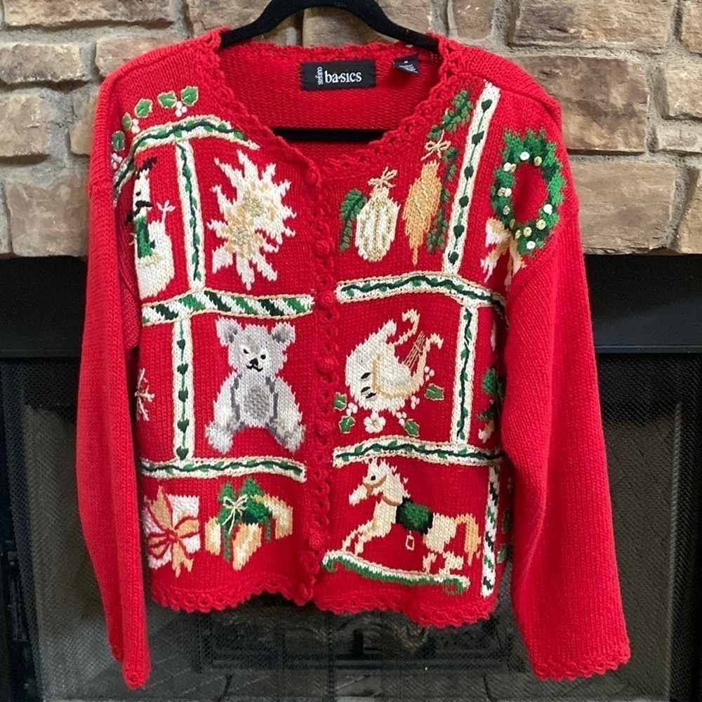 Stefano red knit Christmas designed sweater cardigan. Medium